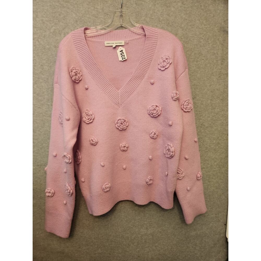 English Factory 3D Flower Sweater Womens Large V-Neck Acrylic‎ Blend Knit Pink